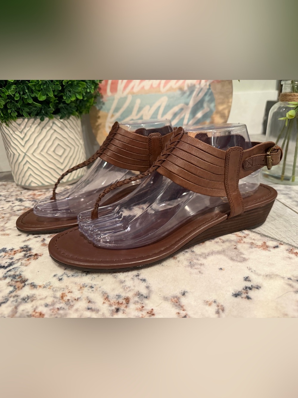 Franco Sarto Leather T-Strap Wedge Sandals 10